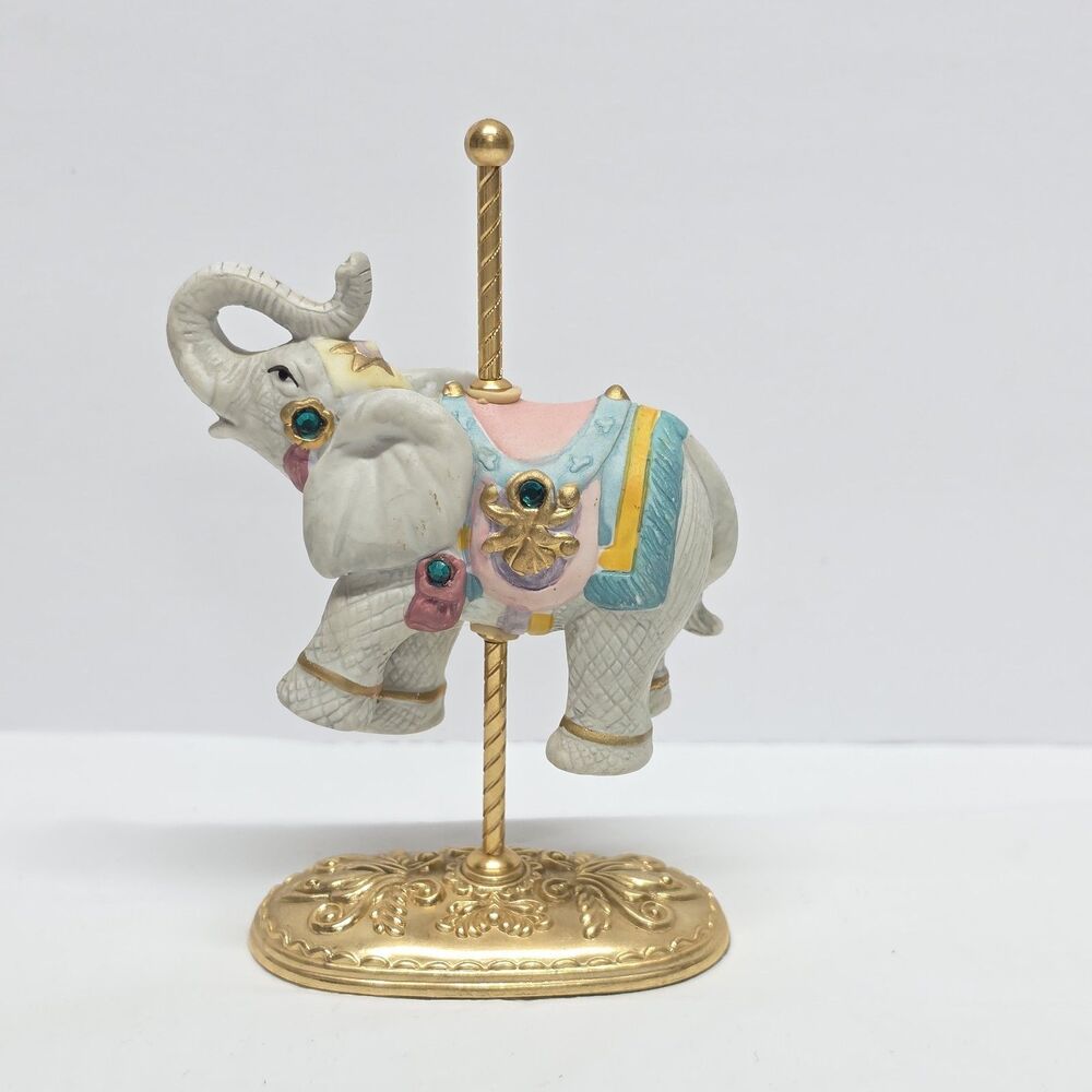 Vintage Scarborough Elephant Carousel Figurine 24K Gold Plated Base Trunk Up